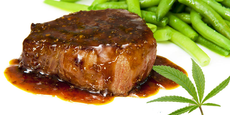 Steak with chili chocolate cannabis sauce